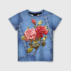 Детская футболка 3D с принтом Джинсовый 15 в Белгороде, 100% гипоаллергенный полиэфир | прямой крой, круглый вырез горловины, длина до линии бедер, чуть спущенное плечо, ткань немного тянется | Тематика изображения на принте: джинсовый | джинсы | цветы