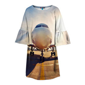 Детское платье 3D с принтом Самолет в Белгороде, 100% полиэстер | прямой силуэт, чуть расширенный к низу. Круглая горловина, на рукавах — воланы | Тематика изображения на принте: дорога | летчик | небо | полет | самолет | солнце