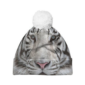Шапка 3D c помпоном с принтом Бенгальский тигр в Белгороде, 100% полиэстер | универсальный размер, печать по всей поверхности изделия | Тематика изображения на принте: tiger | белый | дикая кошка | тигр | хищник