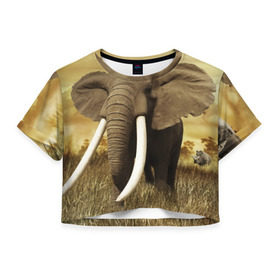 Женская футболка 3D укороченная с принтом Могучий слон в Белгороде, 100% полиэстер | круглая горловина, длина футболки до линии талии, рукава с отворотами | elephant | африка | бивни | джунгли | мамонт | савана | сафари | слон | хобот