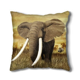 Подушка 3D с принтом Могучий слон в Белгороде, наволочка – 100% полиэстер, наполнитель – холлофайбер (легкий наполнитель, не вызывает аллергию). | состоит из подушки и наволочки. Наволочка на молнии, легко снимается для стирки | elephant | африка | бивни | джунгли | мамонт | савана | сафари | слон | хобот