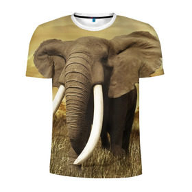 Мужская футболка 3D спортивная с принтом Могучий слон в Белгороде, 100% полиэстер с улучшенными характеристиками | приталенный силуэт, круглая горловина, широкие плечи, сужается к линии бедра | Тематика изображения на принте: elephant | африка | бивни | джунгли | мамонт | савана | сафари | слон | хобот