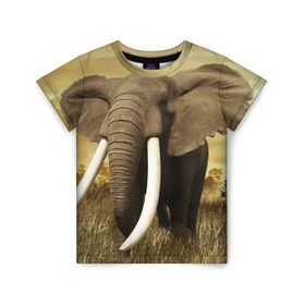 Детская футболка 3D с принтом Могучий слон в Белгороде, 100% гипоаллергенный полиэфир | прямой крой, круглый вырез горловины, длина до линии бедер, чуть спущенное плечо, ткань немного тянется | Тематика изображения на принте: elephant | африка | бивни | джунгли | мамонт | савана | сафари | слон | хобот