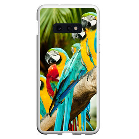 Чехол для Samsung S10E с принтом Попугаи на ветке в Белгороде, Силикон | Область печати: задняя сторона чехла, без боковых панелей | джунгли | клюв | острова | перья | попугай | птица | тропики | экзотика