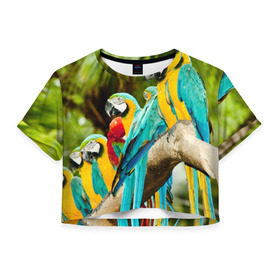Женская футболка 3D укороченная с принтом Попугаи на ветке в Белгороде, 100% полиэстер | круглая горловина, длина футболки до линии талии, рукава с отворотами | Тематика изображения на принте: джунгли | клюв | острова | перья | попугай | птица | тропики | экзотика