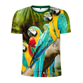Мужская футболка 3D спортивная с принтом Попугаи на ветке в Белгороде, 100% полиэстер с улучшенными характеристиками | приталенный силуэт, круглая горловина, широкие плечи, сужается к линии бедра | джунгли | клюв | острова | перья | попугай | птица | тропики | экзотика