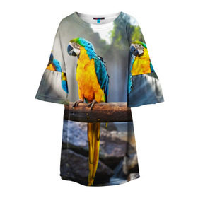 Детское платье 3D с принтом Экзотические попугаи в Белгороде, 100% полиэстер | прямой силуэт, чуть расширенный к низу. Круглая горловина, на рукавах — воланы | Тематика изображения на принте: джунгли | клюв | острова | перья | попугай | птица | тропики | экзотика