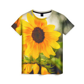 Женская футболка 3D с принтом Подсолнухи в Белгороде, 100% полиэфир ( синтетическое хлопкоподобное полотно) | прямой крой, круглый вырез горловины, длина до линии бедер | лето | подсолнух | солнце | цветы