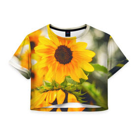 Женская футболка 3D укороченная с принтом Подсолнухи в Белгороде, 100% полиэстер | круглая горловина, длина футболки до линии талии, рукава с отворотами | лето | подсолнух | солнце | цветы