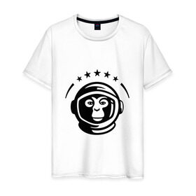 Мужская футболка хлопок с принтом Обезьяна космонавт в Белгороде, 100% хлопок | прямой крой, круглый вырез горловины, длина до линии бедер, слегка спущенное плечо. | космос