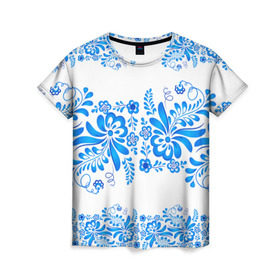 Женская футболка 3D с принтом Гжель в Белгороде, 100% полиэфир ( синтетическое хлопкоподобное полотно) | прямой крой, круглый вырез горловины, длина до линии бедер | роспись | россия | русь | узор