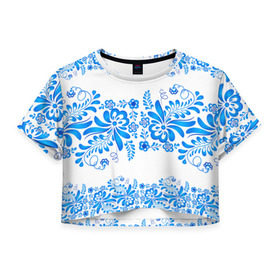 Женская футболка 3D укороченная с принтом Гжель в Белгороде, 100% полиэстер | круглая горловина, длина футболки до линии талии, рукава с отворотами | роспись | россия | русь | узор