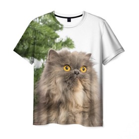 Мужская футболка 3D с принтом Пушистый кот в Белгороде, 100% полиэфир | прямой крой, круглый вырез горловины, длина до линии бедер | 