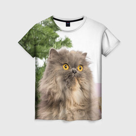 Женская футболка 3D с принтом Пушистый кот в Белгороде, 100% полиэфир ( синтетическое хлопкоподобное полотно) | прямой крой, круглый вырез горловины, длина до линии бедер | 