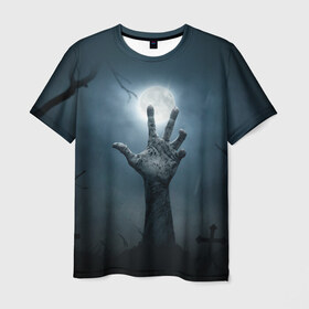 Мужская футболка 3D с принтом Рука зомби в Белгороде, 100% полиэфир | прямой крой, круглый вырез горловины, длина до линии бедер | кладбище | луна | мертвец