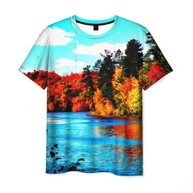 Мужская футболка 3D с принтом Озеро в Белгороде, 100% полиэфир | прямой крой, круглый вырез горловины, длина до линии бедер | Тематика изображения на принте: деревья | красные листья | кусты | осень | природа | река
