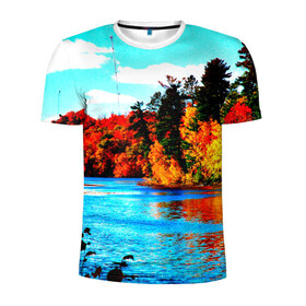 Мужская футболка 3D спортивная с принтом Озеро в Белгороде, 100% полиэстер с улучшенными характеристиками | приталенный силуэт, круглая горловина, широкие плечи, сужается к линии бедра | деревья | красные листья | кусты | осень | природа | река