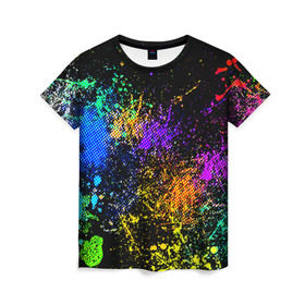 Женская футболка 3D с принтом Брызги красок в Белгороде, 100% полиэфир ( синтетическое хлопкоподобное полотно) | прямой крой, круглый вырез горловины, длина до линии бедер | кляксы | цветной | яркий