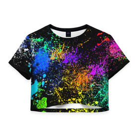 Женская футболка 3D укороченная с принтом Брызги красок в Белгороде, 100% полиэстер | круглая горловина, длина футболки до линии талии, рукава с отворотами | кляксы | цветной | яркий