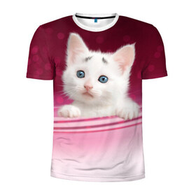 Мужская футболка 3D спортивная с принтом Белый котёнок в Белгороде, 100% полиэстер с улучшенными характеристиками | приталенный силуэт, круглая горловина, широкие плечи, сужается к линии бедра | киска | кот | котёнок | кошка | прикольные картинки