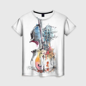Женская футболка 3D с принтом Скрипка в Белгороде, 100% полиэфир ( синтетическое хлопкоподобное полотно) | прямой крой, круглый вырез горловины, длина до линии бедер | пейзаж музыка