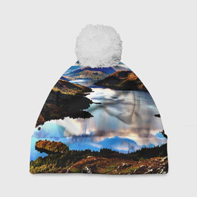 Шапка 3D c помпоном с принтом Озеро в Белгороде, 100% полиэстер | универсальный размер, печать по всей поверхности изделия | весна | горы | кусты | лето | небо | озеро | природа