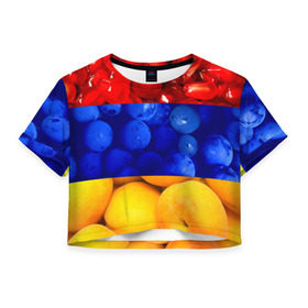 Женская футболка 3D укороченная с принтом Флаг Армении в Белгороде, 100% полиэстер | круглая горловина, длина футболки до линии талии, рукава с отворотами | Тематика изображения на принте: армения | гранат | персик | слива | страны | флаг армении | фрукты