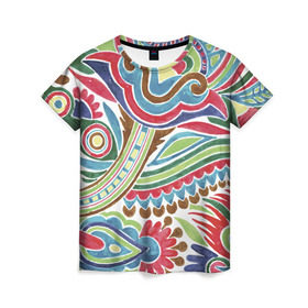 Женская футболка 3D с принтом Хохлома красками в Белгороде, 100% полиэфир ( синтетическое хлопкоподобное полотно) | прямой крой, круглый вырез горловины, длина до линии бедер | народный | орнамент | роспись | традиционный