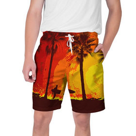 Мужские шорты 3D с принтом Summer Surf в Белгороде,  полиэстер 100% | прямой крой, два кармана без застежек по бокам. Мягкая трикотажная резинка на поясе, внутри которой широкие завязки. Длина чуть выше колен | закат | лето | пейзаж | серфинг | тропики