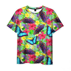 Мужская футболка 3D с принтом Summer Butterflies в Белгороде, 100% полиэфир | прямой крой, круглый вырез горловины, длина до линии бедер | Тематика изображения на принте: бабочки | лето | пестрый | разноцветный