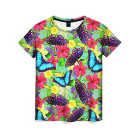 Женская футболка 3D с принтом Summer Butterflies в Белгороде, 100% полиэфир ( синтетическое хлопкоподобное полотно) | прямой крой, круглый вырез горловины, длина до линии бедер | бабочки | лето | пестрый | разноцветный