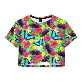 Женская футболка 3D укороченная с принтом Summer Butterflies в Белгороде, 100% полиэстер | круглая горловина, длина футболки до линии талии, рукава с отворотами | бабочки | лето | пестрый | разноцветный