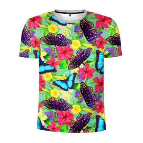 Мужская футболка 3D спортивная с принтом Summer Butterflies в Белгороде, 100% полиэстер с улучшенными характеристиками | приталенный силуэт, круглая горловина, широкие плечи, сужается к линии бедра | бабочки | лето | пестрый | разноцветный