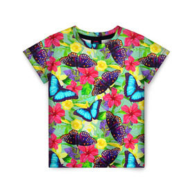Детская футболка 3D с принтом Summer Butterflies в Белгороде, 100% гипоаллергенный полиэфир | прямой крой, круглый вырез горловины, длина до линии бедер, чуть спущенное плечо, ткань немного тянется | Тематика изображения на принте: бабочки | лето | пестрый | разноцветный