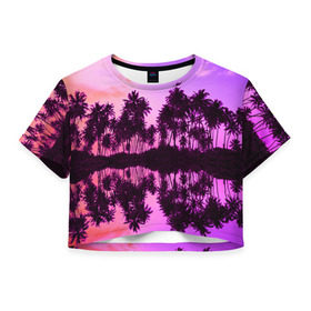 Женская футболка 3D укороченная с принтом Hawaii dream в Белгороде, 100% полиэстер | круглая горловина, длина футболки до линии талии, рукава с отворотами | гавайи | закат | пляж