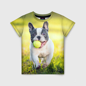 Детская футболка 3D с принтом Бульдог в Белгороде, 100% гипоаллергенный полиэфир | прямой крой, круглый вырез горловины, длина до линии бедер, чуть спущенное плечо, ткань немного тянется | бульдог | лето | мячик | радость | собака | солнце