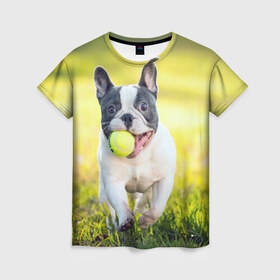 Женская футболка 3D с принтом Бульдог в Белгороде, 100% полиэфир ( синтетическое хлопкоподобное полотно) | прямой крой, круглый вырез горловины, длина до линии бедер | бульдог | лето | мячик | радость | собака | солнце