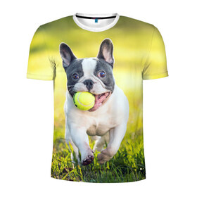 Мужская футболка 3D спортивная с принтом Бульдог в Белгороде, 100% полиэстер с улучшенными характеристиками | приталенный силуэт, круглая горловина, широкие плечи, сужается к линии бедра | бульдог | лето | мячик | радость | собака | солнце
