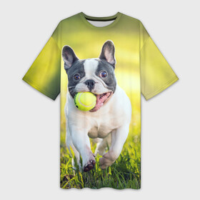 Платье-футболка 3D с принтом Бульдог в Белгороде,  |  | бульдог | лето | мячик | радость | собака | солнце