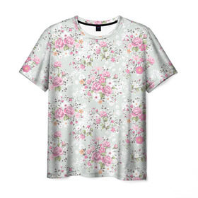 Мужская футболка 3D с принтом Flower pattern в Белгороде, 100% полиэфир | прямой крой, круглый вырез горловины, длина до линии бедер | белый | паттерн | розовый | цветы
