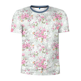 Мужская футболка 3D спортивная с принтом Flower pattern в Белгороде, 100% полиэстер с улучшенными характеристиками | приталенный силуэт, круглая горловина, широкие плечи, сужается к линии бедра | белый | паттерн | розовый | цветы