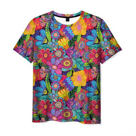 Мужская футболка 3D с принтом Яркие цветы в Белгороде, 100% полиэфир | прямой крой, круглый вырез горловины, длина до линии бедер | летний | разноцветный | цветы | яркий