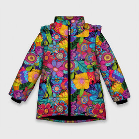 Зимняя куртка для девочек 3D с принтом Яркие цветы в Белгороде, ткань верха — 100% полиэстер; подклад — 100% полиэстер, утеплитель — 100% полиэстер. | длина ниже бедра, удлиненная спинка, воротник стойка и отстегивающийся капюшон. Есть боковые карманы с листочкой на кнопках, утяжки по низу изделия и внутренний карман на молнии. 

Предусмотрены светоотражающий принт на спинке, радужный светоотражающий элемент на пуллере молнии и на резинке для утяжки. | летний | разноцветный | цветы | яркий