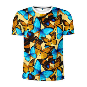 Мужская футболка 3D спортивная с принтом Бабочки в Белгороде, 100% полиэстер с улучшенными характеристиками | приталенный силуэт, круглая горловина, широкие плечи, сужается к линии бедра | коричневый | синий