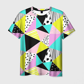Мужская футболка 3D с принтом Треугольнички в Белгороде, 100% полиэфир | прямой крой, круглый вырез горловины, длина до линии бедер | Тематика изображения на принте: лоскутное шитье | полигоны | разноцветный | яркий