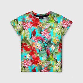 Детская футболка 3D с принтом Тропический мир в Белгороде, 100% гипоаллергенный полиэфир | прямой крой, круглый вырез горловины, длина до линии бедер, чуть спущенное плечо, ткань немного тянется | паттерн | разноцветный | тропики | цветы | яркий