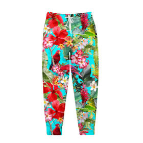 Мужские брюки 3D с принтом Тропический мир в Белгороде, 100% полиэстер | манжеты по низу, эластичный пояс регулируется шнурком, по бокам два кармана без застежек, внутренняя часть кармана из мелкой сетки | паттерн | разноцветный | тропики | цветы | яркий