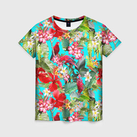 Женская футболка 3D с принтом Тропический мир в Белгороде, 100% полиэфир ( синтетическое хлопкоподобное полотно) | прямой крой, круглый вырез горловины, длина до линии бедер | паттерн | разноцветный | тропики | цветы | яркий