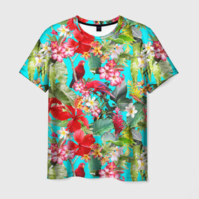 Мужская футболка 3D с принтом Тропический мир в Белгороде, 100% полиэфир | прямой крой, круглый вырез горловины, длина до линии бедер | Тематика изображения на принте: паттерн | разноцветный | тропики | цветы | яркий