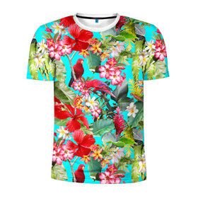 Мужская футболка 3D спортивная с принтом Тропический мир в Белгороде, 100% полиэстер с улучшенными характеристиками | приталенный силуэт, круглая горловина, широкие плечи, сужается к линии бедра | Тематика изображения на принте: паттерн | разноцветный | тропики | цветы | яркий
